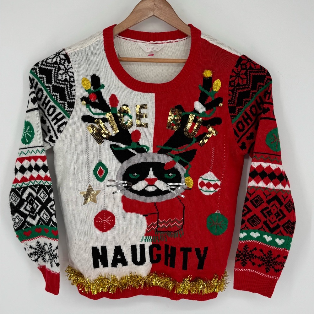 No Boundaries Ugly Christmas Sweater Cat Nice But Naughty Juniors Sz XXL(19) H4